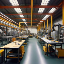 Industrial workshop interior, 30ft length by 9ft width, including a 9ft by 3ft assembly table, an 8ft by 4ft industrial machine, designated areas for raw materials and finished products, efficient layout