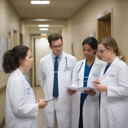 A group of medical externs, wearing white coats and stethoscopes, engaged in discussion in a hospital hallway with medical charts and equipment around.