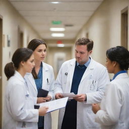 A group of medical externs, wearing white coats and stethoscopes, engaged in discussion in a hospital hallway with medical charts and equipment around.