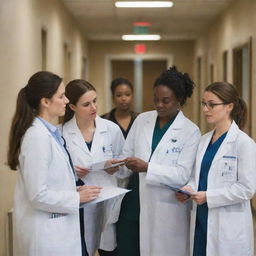 A group of medical externs, wearing white coats and stethoscopes, engaged in discussion in a hospital hallway with medical charts and equipment around.