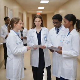 A group of medical externs, wearing white coats and stethoscopes, engaged in discussion in a hospital hallway with medical charts and equipment around.