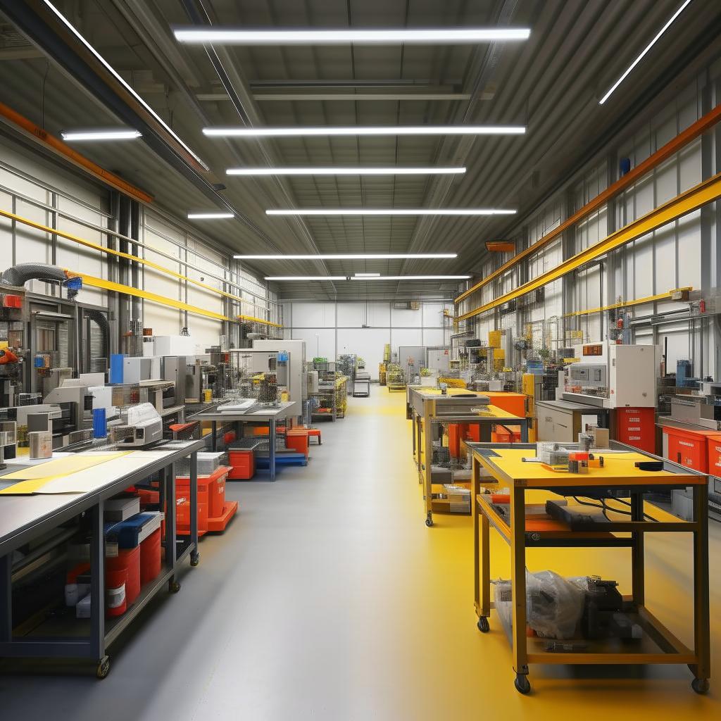 Industrial workshop interior, 30ft length by 9ft width, including a 9ft by 3ft assembly table, an 8ft by 4ft industrial machine, designated areas for raw materials and finished products, efficient layout