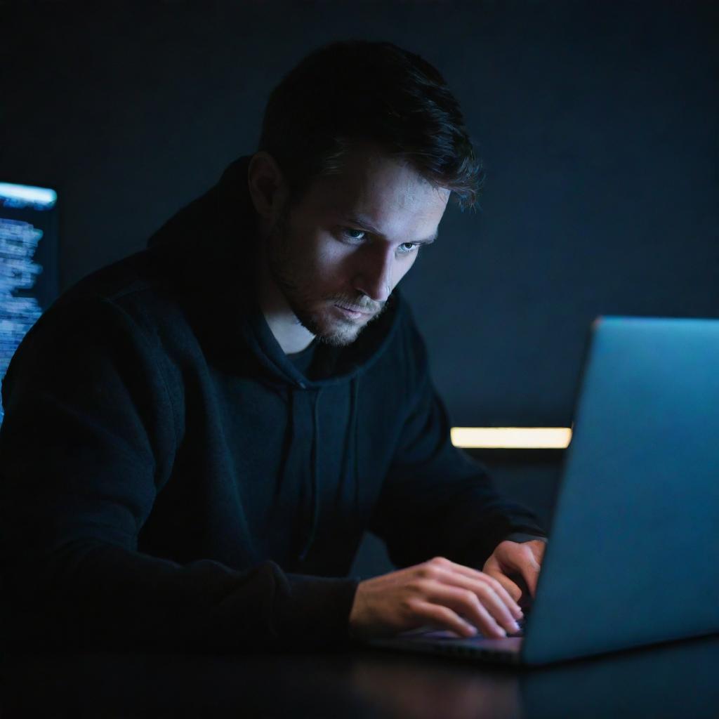 A focused hacker engrossed in codes, sitting in front of a brightly illuminated laptop in a dimly lit room