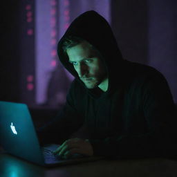 A focused hacker engrossed in codes, sitting in front of a brightly illuminated laptop in a dimly lit room