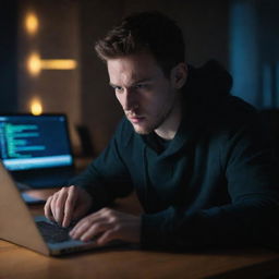 A focused hacker engrossed in codes, sitting in front of a brightly illuminated laptop in a dimly lit room