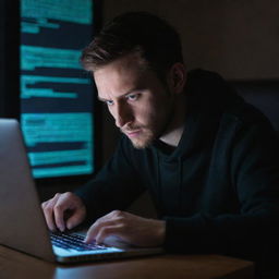 A focused hacker engrossed in codes, sitting in front of a brightly illuminated laptop in a dimly lit room