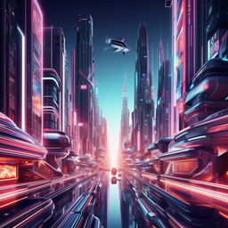 Futuristic cityscape with sleek skyscrapers, neon signs, and flying cars, in high-resolution