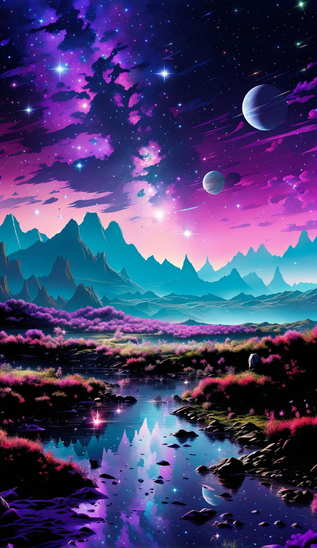 Surreal cosmic landscape with starry sky, nebulae, glowing alien terrain, bioluminescent flora, crystal-like rock formations, and reflective body of water.