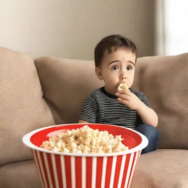 While watching the horror movie, he couldn't resist the urge to dig in on his popcorn and enjoy it heartily.