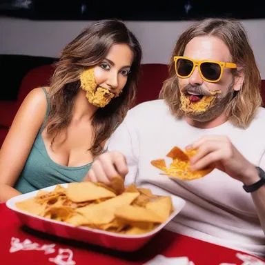 The couple decided to dig in on some nachos while enjoying their favorite cinema experience.