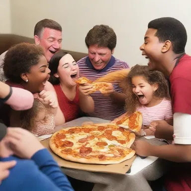 Everyone laughed as they dug in on their pizza and shared a joke together.