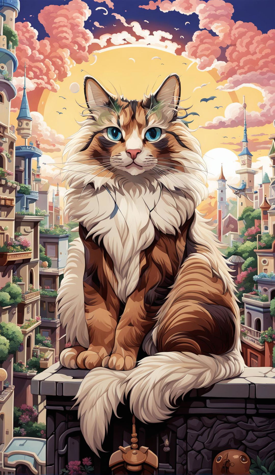 A HD anime-style image of a bicolour Ragdoll cat in a whimsical cat kingdom inspired by 'The Cat Returns' movie.