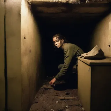 In the horror movie, the protagonist finds a hidden bunker and decides to dig in to hide from the killer.