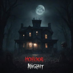 Create a creepy and chilling YouTube thumbnail for a gaming channel called 'Horror Night', featuring a haunting night scene with eerie game elements.