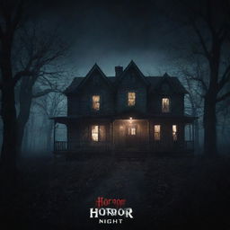 Create a creepy and chilling YouTube thumbnail for a gaming channel called 'Horror Night', featuring a haunting night scene with eerie game elements.