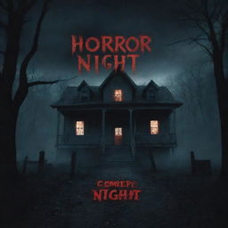 Create a creepy and chilling YouTube thumbnail for a gaming channel called 'Horror Night', featuring a haunting night scene with eerie game elements.