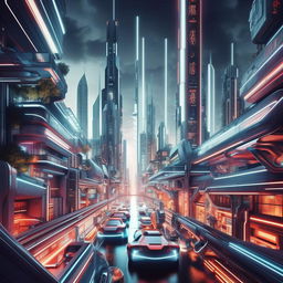 Futuristic cityscape with sleek skyscrapers, neon signs, and flying cars, in high-resolution