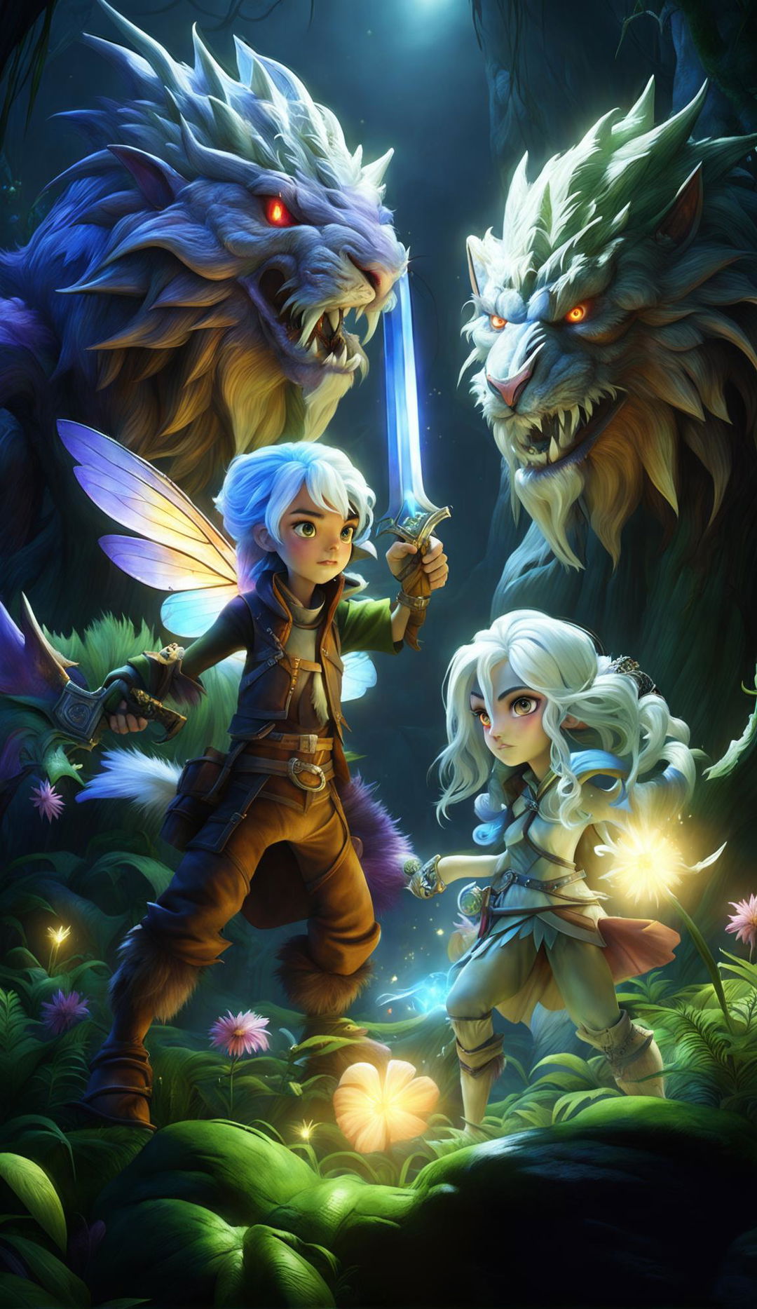 A realistic 3D image of Hanzel and Luna facing exciting challenges and battling fascinating monsters on their journey to a power source, with a forest full of predators in the background, maintaining the characteristics of both characters.