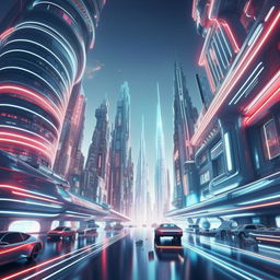 Futuristic cityscape with sleek skyscrapers, neon signs, and flying cars, in high-resolution