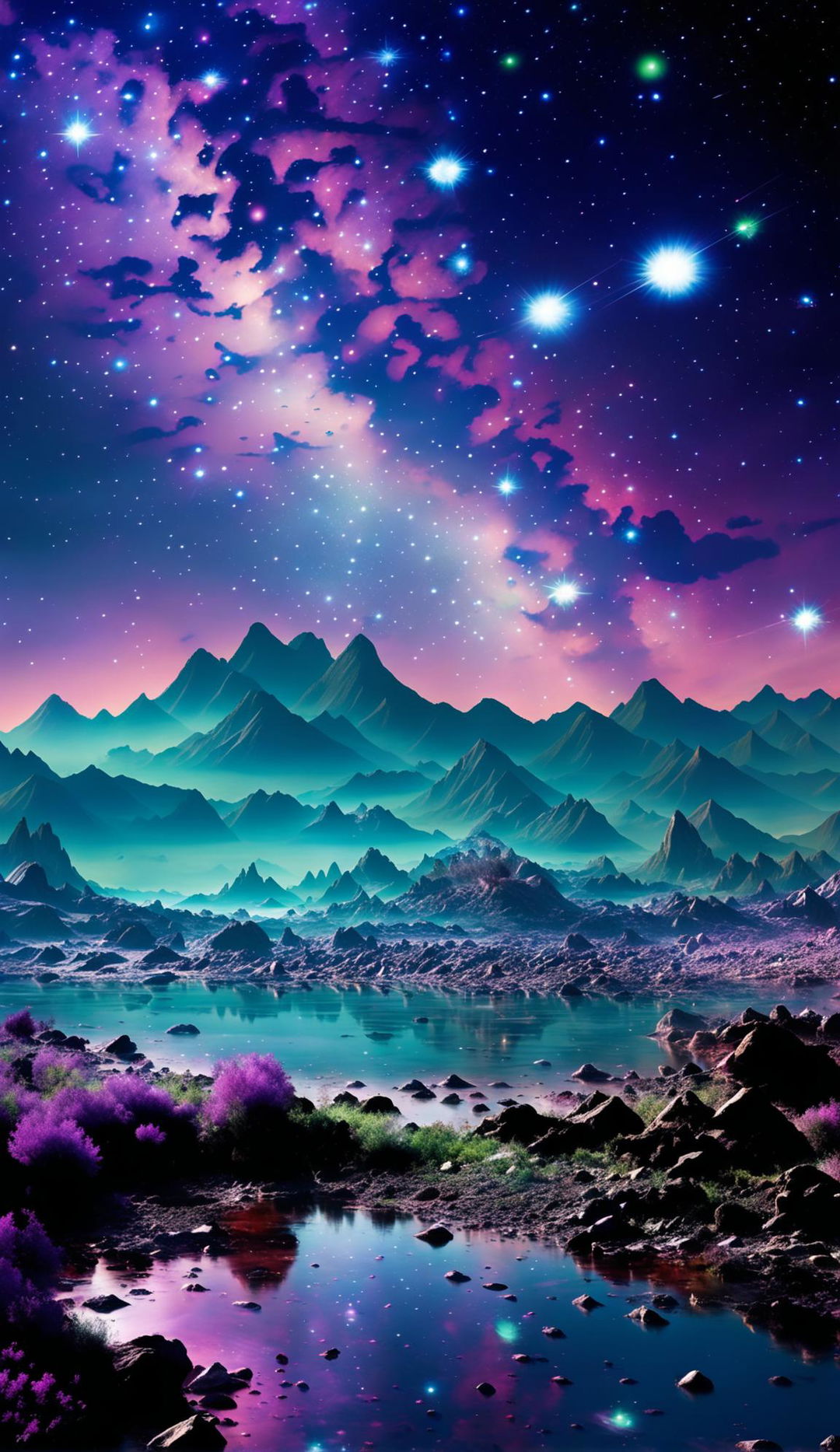 High-resolution photograph of a surreal cosmic landscape with starry sky, nebulae, glowing alien terrain, bioluminescent flora, crystal-like rock formations, and reflective body of water.