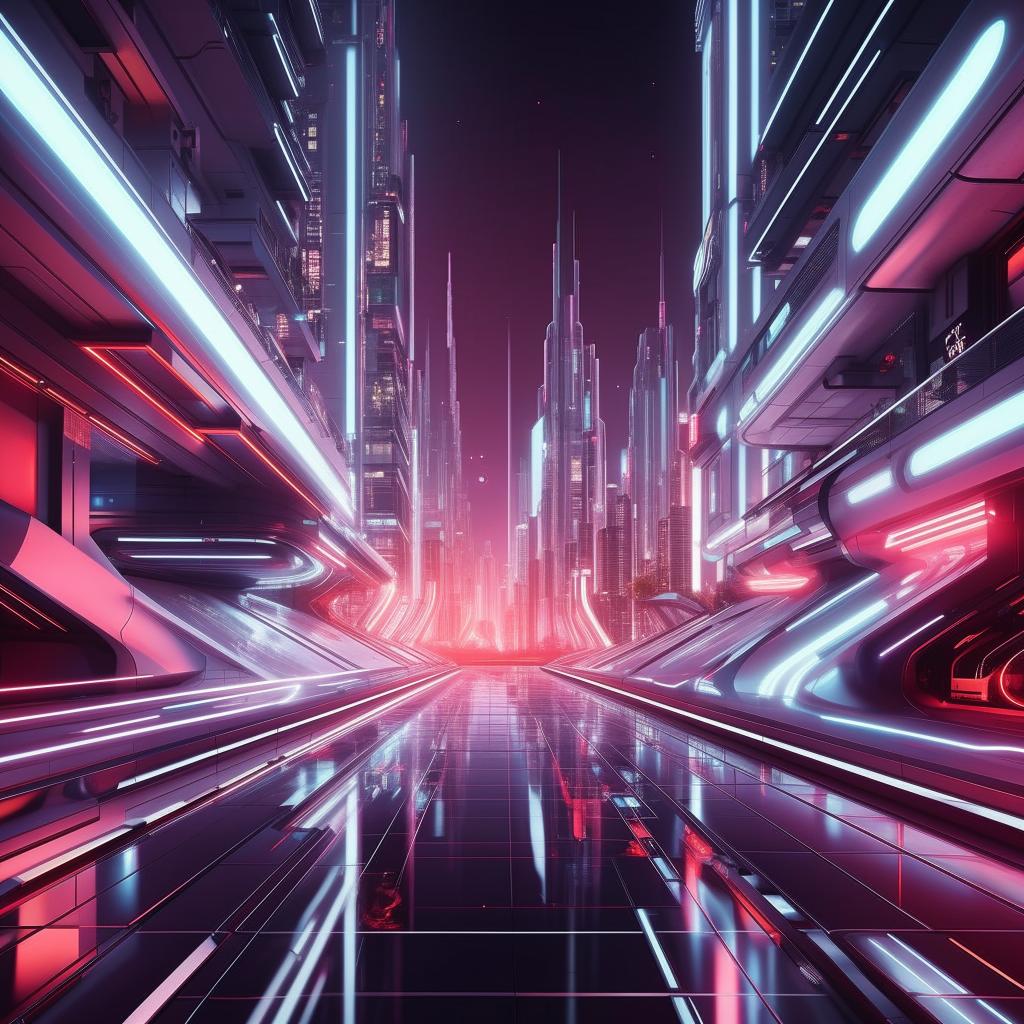 Futuristic cityscape with sleek skyscrapers, neon signs, and flying cars, in high-resolution