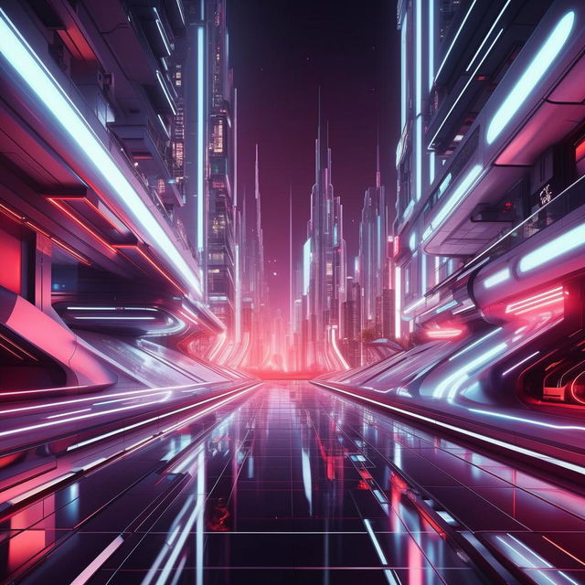 Futuristic cityscape with sleek skyscrapers, neon signs, and flying cars, in high-resolution