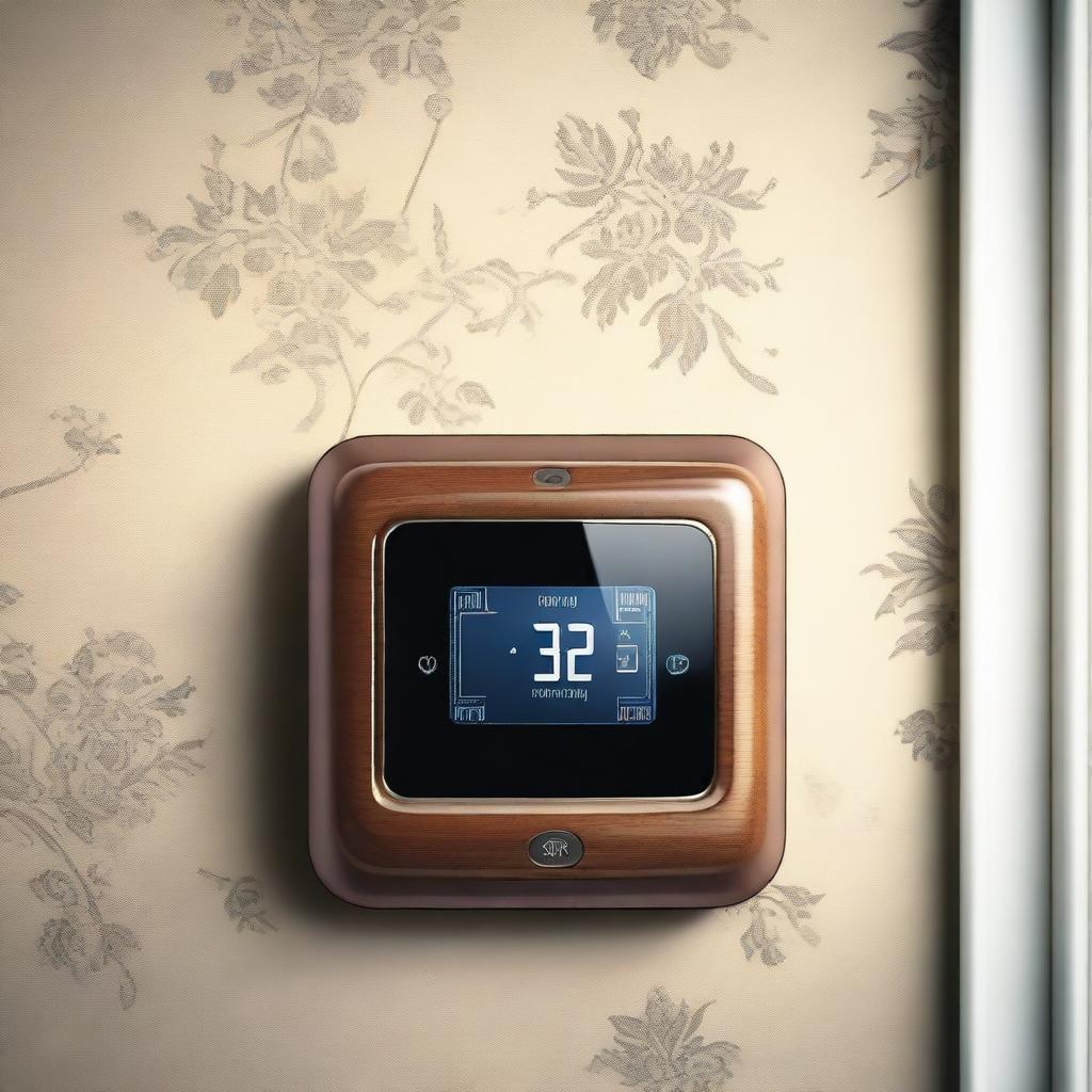 A high-quality digital artwork featuring a smart thermostat installed on a traditional German heater