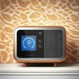 A high-quality digital artwork featuring a smart thermostat installed on a traditional German heater