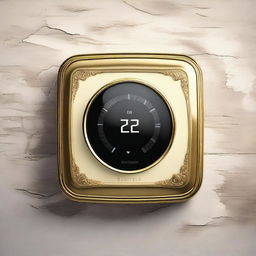 A high-quality digital artwork featuring a smart thermostat installed on a traditional German heater