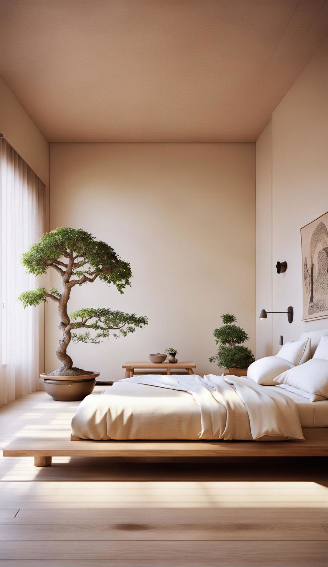 A tranquil Japandi-style bedroom with intricate details captured in 32k architectural photography. Features include soft lighting, a minimalist platform bed, bonsai trees on side tables, and an intricate tapestry on one wall.