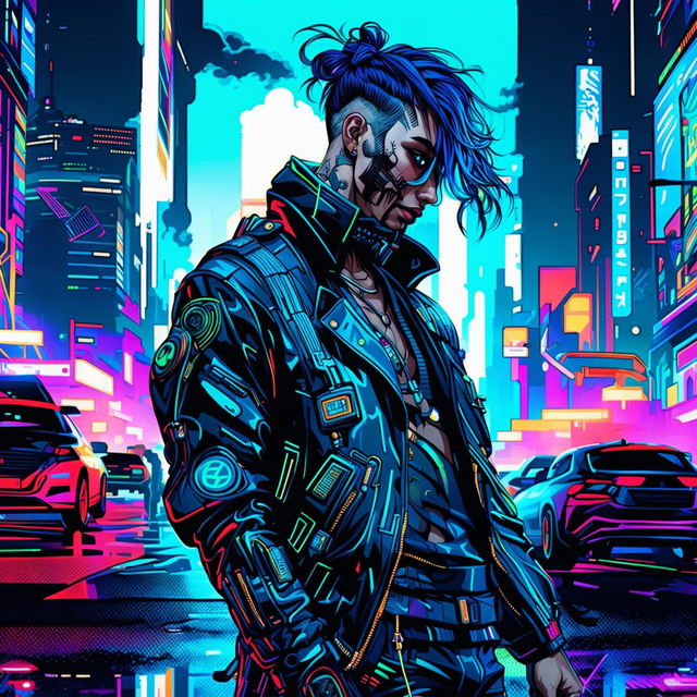 A character in futuristic cyberpunk attire stands in a bustling street. Their body is adorned with luminescent circuit tattoos that glow softly under their mesh shirt and leather jacket. Their face is partially hidden by a high-tech visor while their neon-dyed hair reflects the city's vibrant lights.