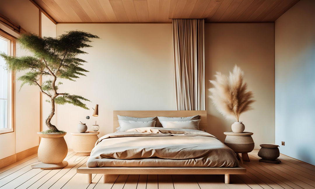 A tranquil Japandi-style bedroom with intricate details, featuring soft lighting, a minimalist platform bed, bonsai trees on side tables, an intricate tapestry on one wall, and a pot of pampas grass. Captured in 32k architectural photography.