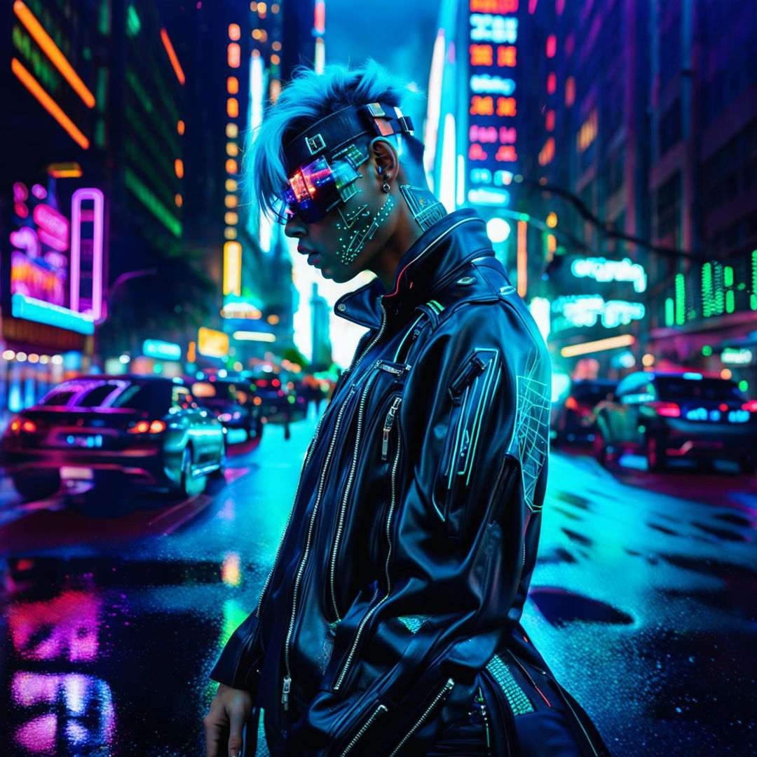 A hyper-realistic photograph of a figure in cyberpunk attire with luminescent tattoos, standing still in a long-exposure shot of a bustling city.