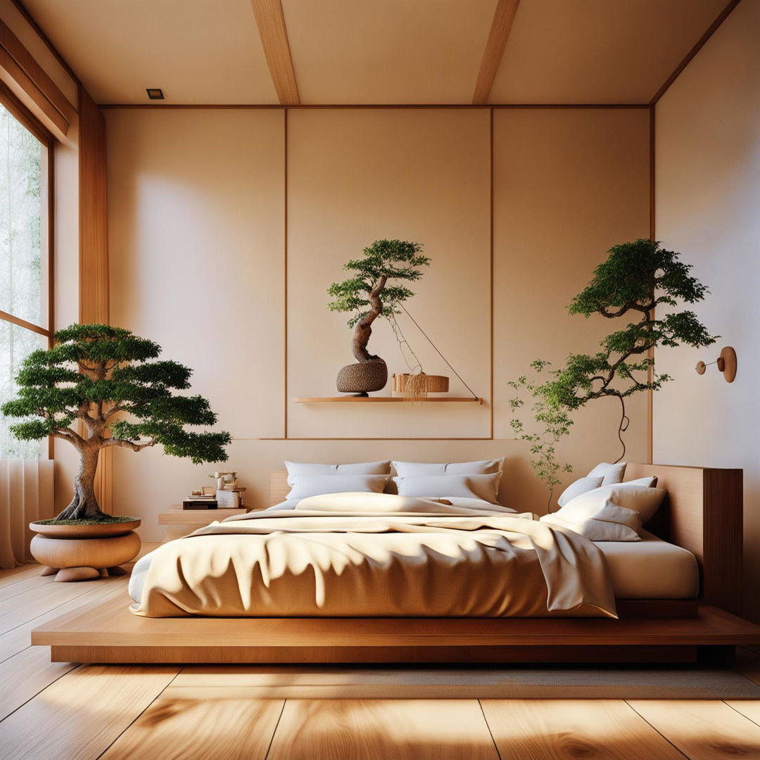 A tranquil Japandi-style bedroom with intricate details, featuring soft lighting, a minimalist platform bed, bonsai trees on side tables, an intricate tapestry on one wall, and extreme realism. Captured in 32k architectural photography.