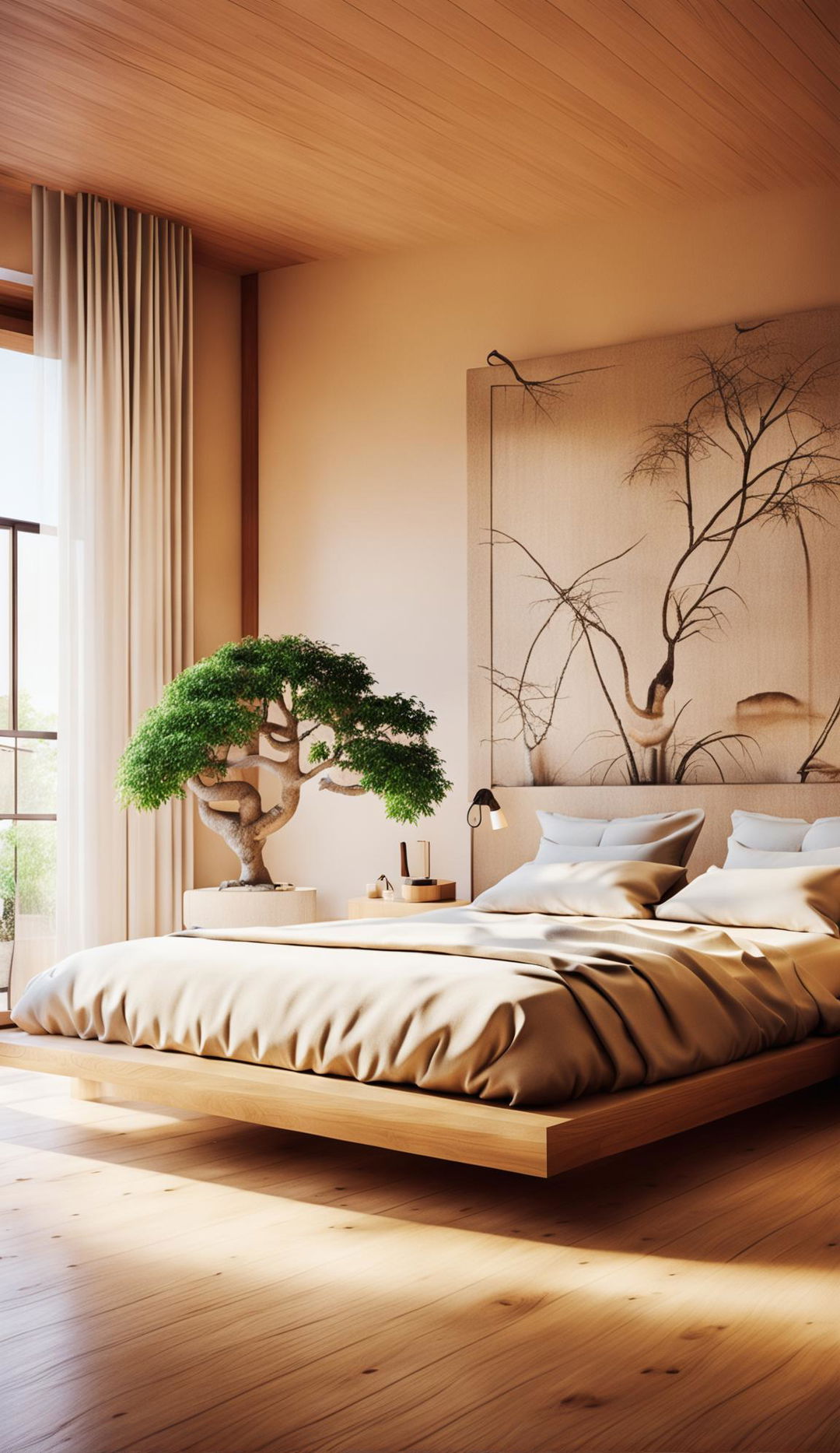 A tranquil Japandi-style bedroom with intricate details, featuring soft lighting, a minimalist platform bed, bonsai trees on side tables, an intricate tapestry on one wall, and hyper-realistic details. Captured in 32k architectural photography.