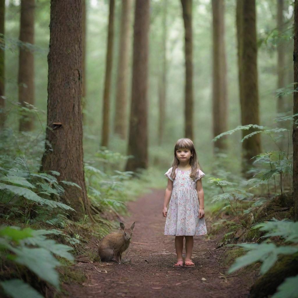 A small girl living harmoniously in a dense, large forest filled with a variety of friendly wildlife.