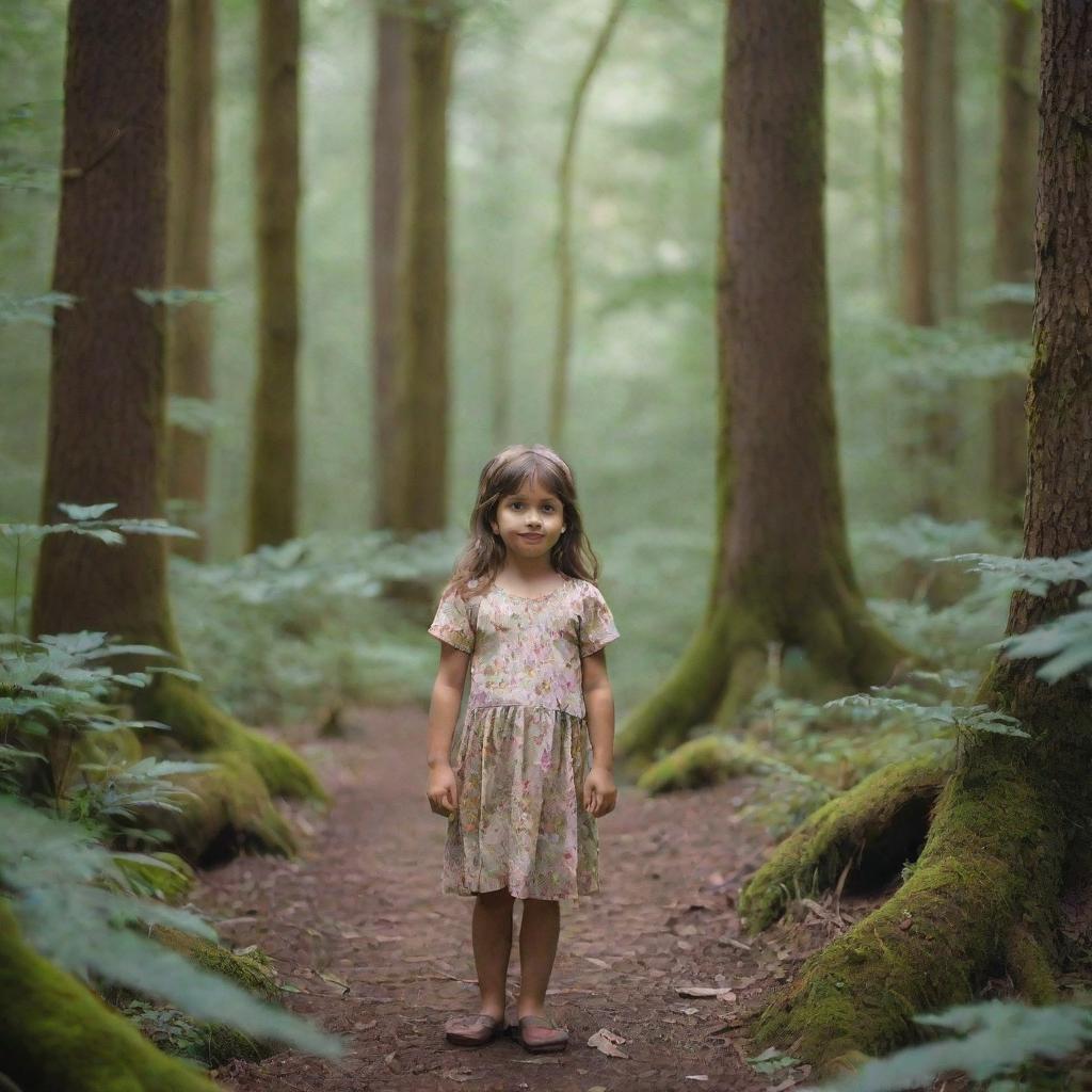 A small girl living harmoniously in a dense, large forest filled with a variety of friendly wildlife.