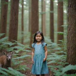 A small girl living harmoniously in a dense, large forest filled with a variety of friendly wildlife.