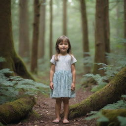 A small girl living harmoniously in a dense, large forest filled with a variety of friendly wildlife.