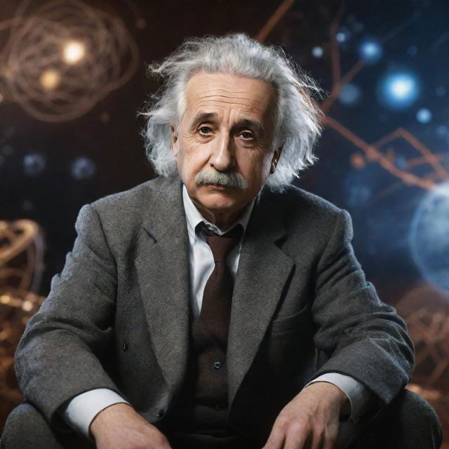 A realistic depiction of Albert Einstein sitting. He's engaged in deep thought, surrounded by a backdrop of physics inspired elements