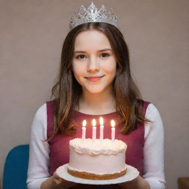 A girl holding a birthday cake with a lit candle representing 19 years, with the words 'Princess of January' visible in the background.