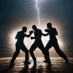 An intense arena under a dimly lit sky with silhouettes of two fighters, posed in a dramatic standoff. Shadowy trails weave around them, hinting at lightning quick movements.