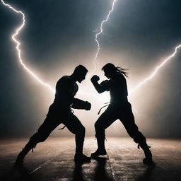 An intense arena under a dimly lit sky with silhouettes of two fighters, posed in a dramatic standoff. Shadowy trails weave around them, hinting at lightning quick movements.