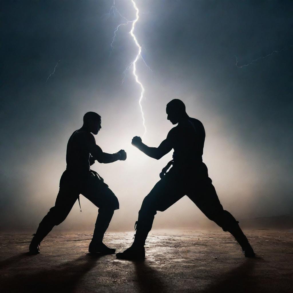 An intense arena under a dimly lit sky with silhouettes of two fighters, posed in a dramatic standoff. Shadowy trails weave around them, hinting at lightning quick movements.