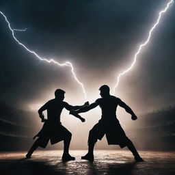 An intense arena under a dimly lit sky with silhouettes of two fighters, posed in a dramatic standoff. Shadowy trails weave around them, hinting at lightning quick movements.