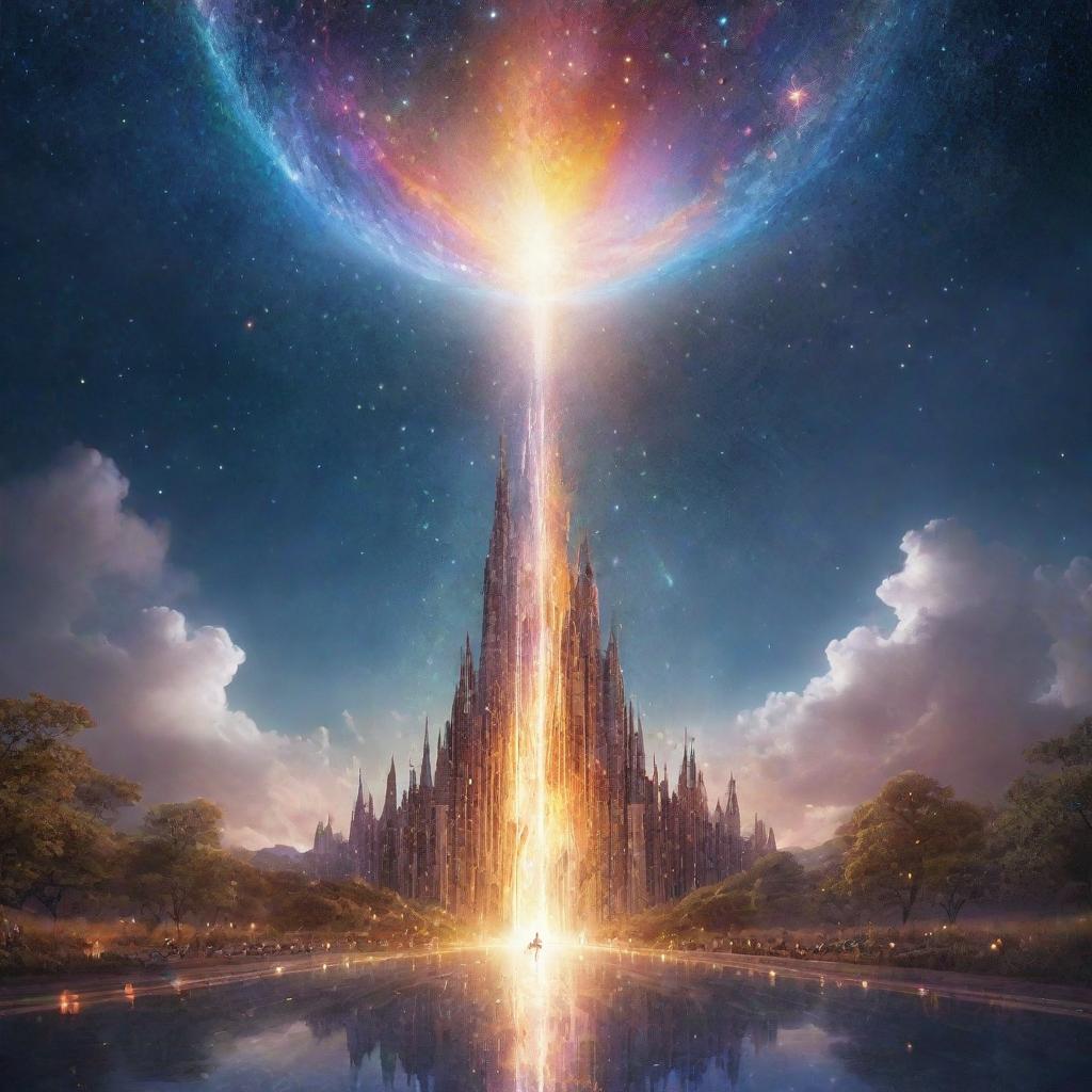 A majestic and imaginative rendering of the concept of the 7th sky, filled with ethereal lights, stardust, vibrant celestial bodies, and spiritual elegance