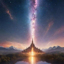 A majestic and imaginative rendering of the concept of the 7th sky, filled with ethereal lights, stardust, vibrant celestial bodies, and spiritual elegance