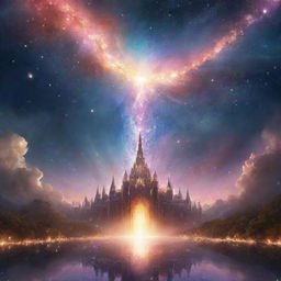 A majestic and imaginative rendering of the concept of the 7th sky, filled with ethereal lights, stardust, vibrant celestial bodies, and spiritual elegance