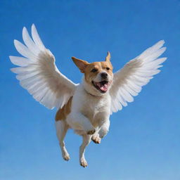 A dog with wings soaring through a clear blue sky