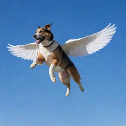 A dog with wings soaring through a clear blue sky